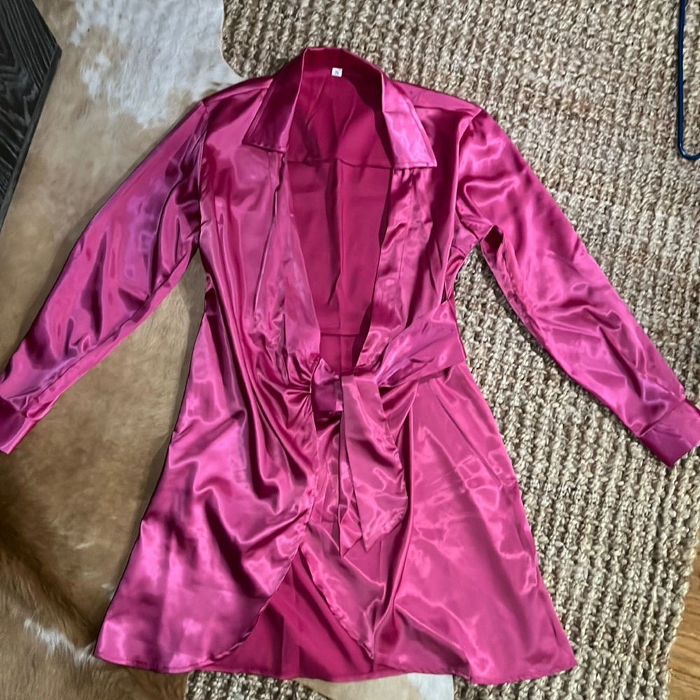 Boutique Satin Silk Fuschia Wrap Around Dress